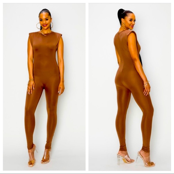 J. ELISE BOUTIQUE FITTED BODYCON COFFEE POWER SHOULDER SLEEVELESS SOLID JUMPSUIT - Picture 5 of 6